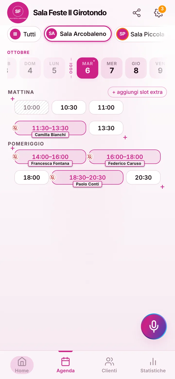 The day’s calendar at Sala Feste Il Girotondo, with booked and free slots