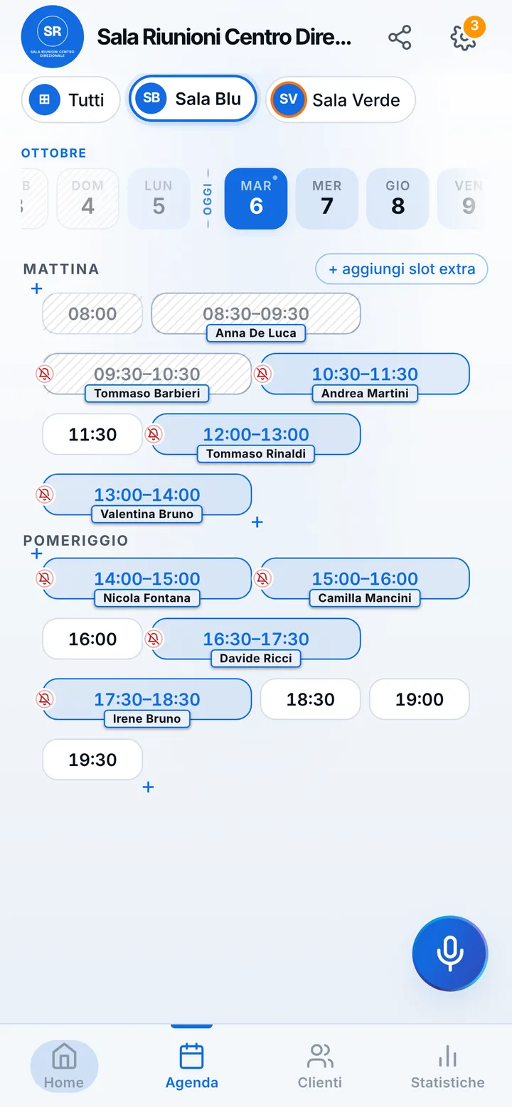 The day’s calendar at Sala Riunioni Centro Direzionale, with booked and free slots