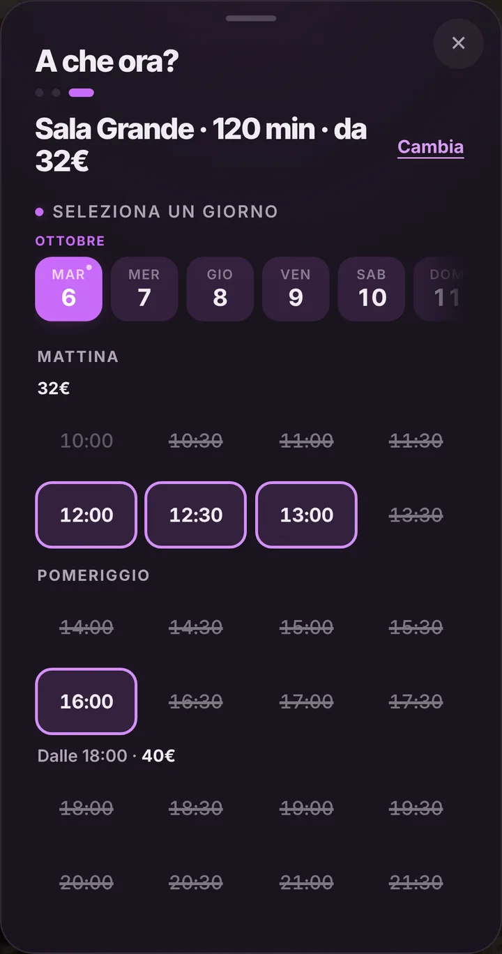 The free slots of the day at Sala Prove Decibel