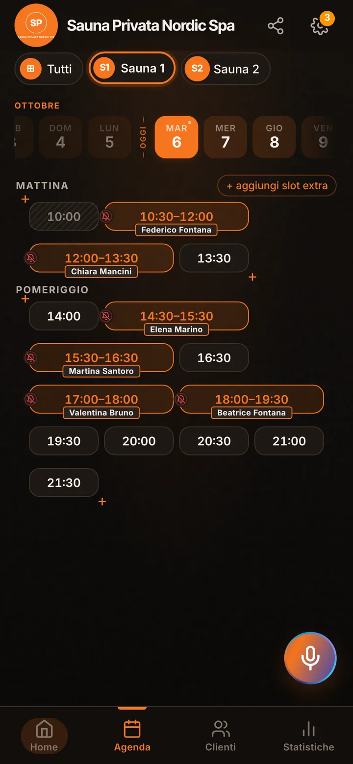 The day’s calendar at Sauna Privata Nordic Spa, with booked and free slots