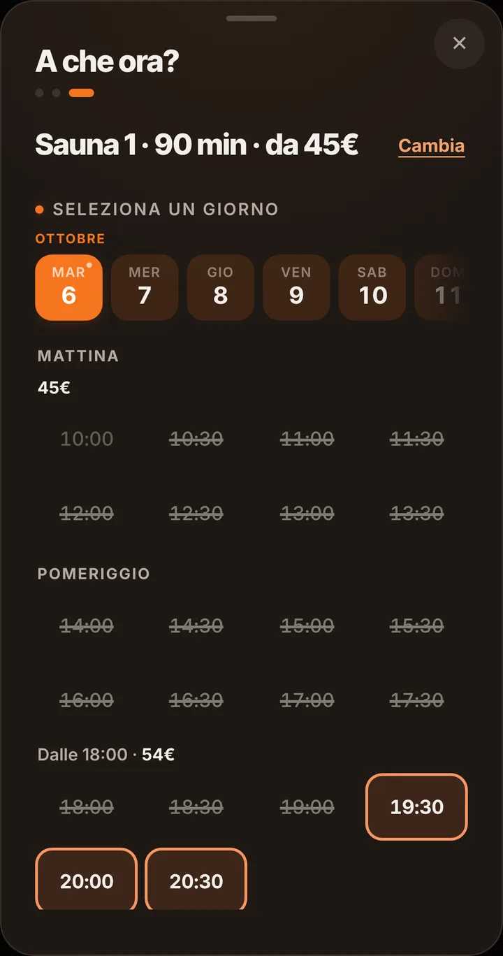 The free slots of the day at Sauna Privata Nordic Spa