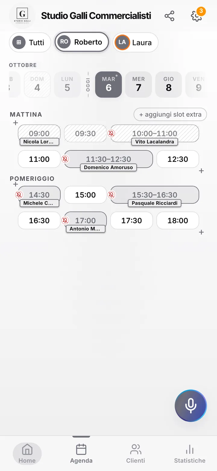 L’agenda del giorno di Studio Galli Commercialisti, con gli orari occupati e quelli liberi
