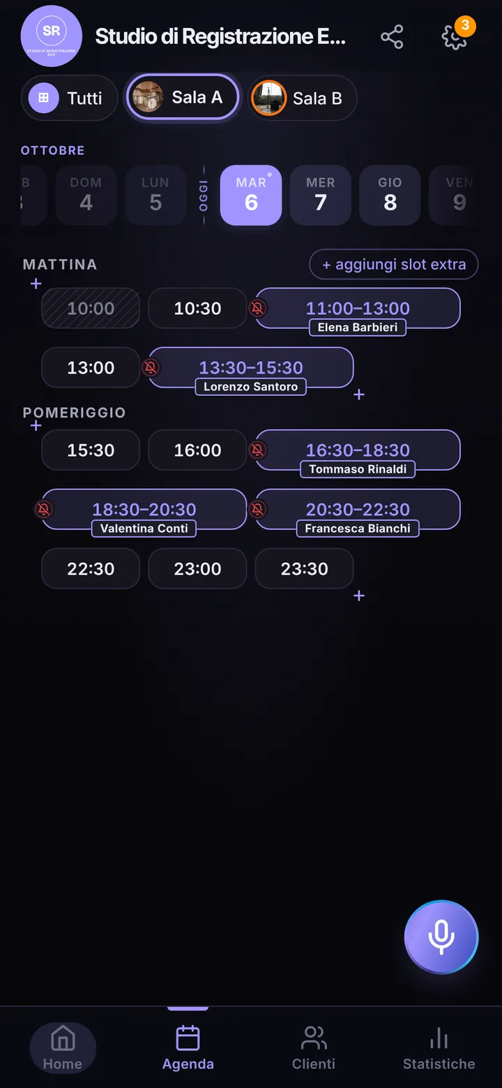The day’s calendar at Studio di Registrazione Eco, with booked and free slots