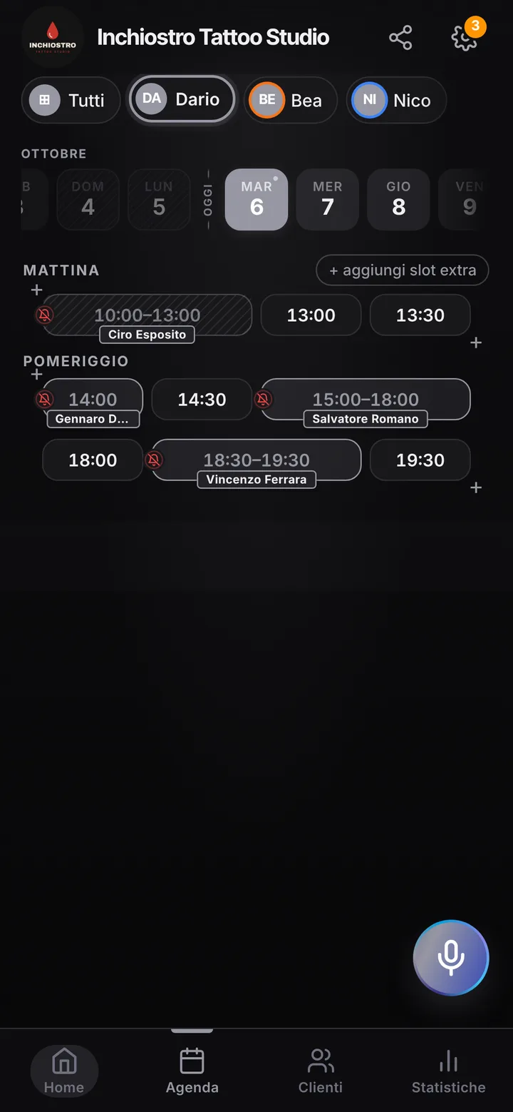 The day’s calendar at Inchiostro Tattoo Studio, with booked and free slots