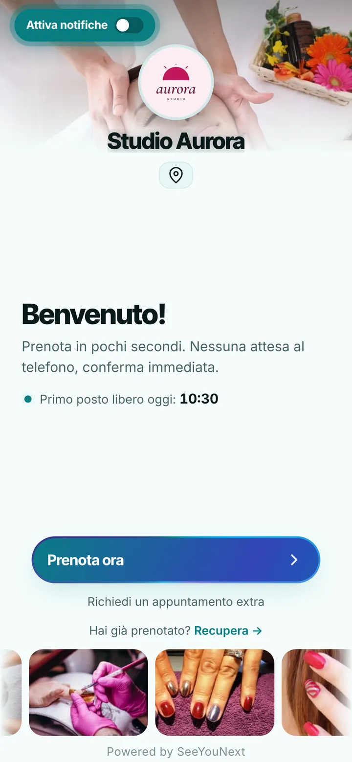 La stessa pagina di prenotazione con il tema Turchese, chiaro
