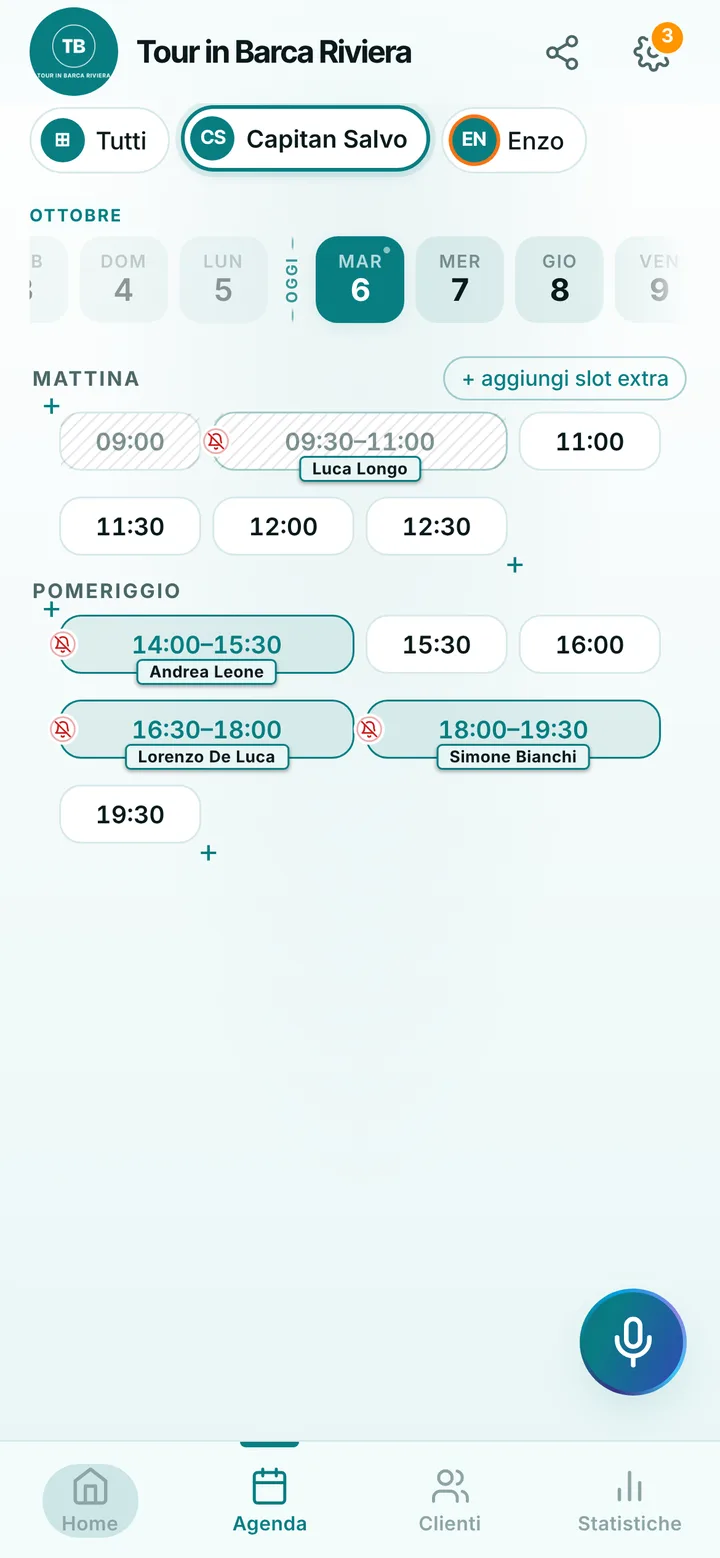 L’agenda del giorno di Tour in Barca Riviera, con gli orari occupati e quelli liberi