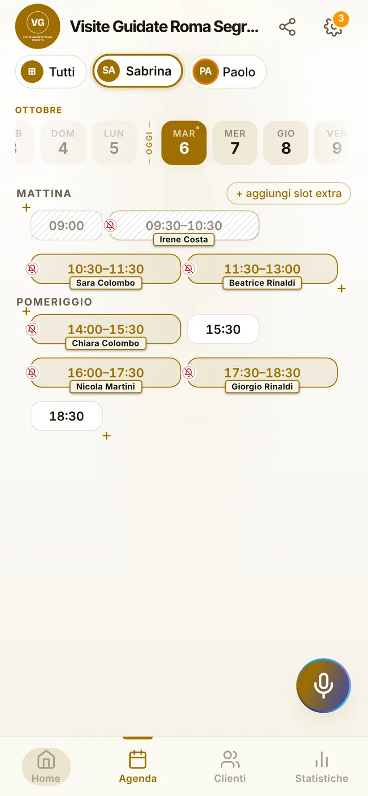 L’agenda del giorno di Visite Guidate Roma Segreta, con gli orari occupati e quelli liberi