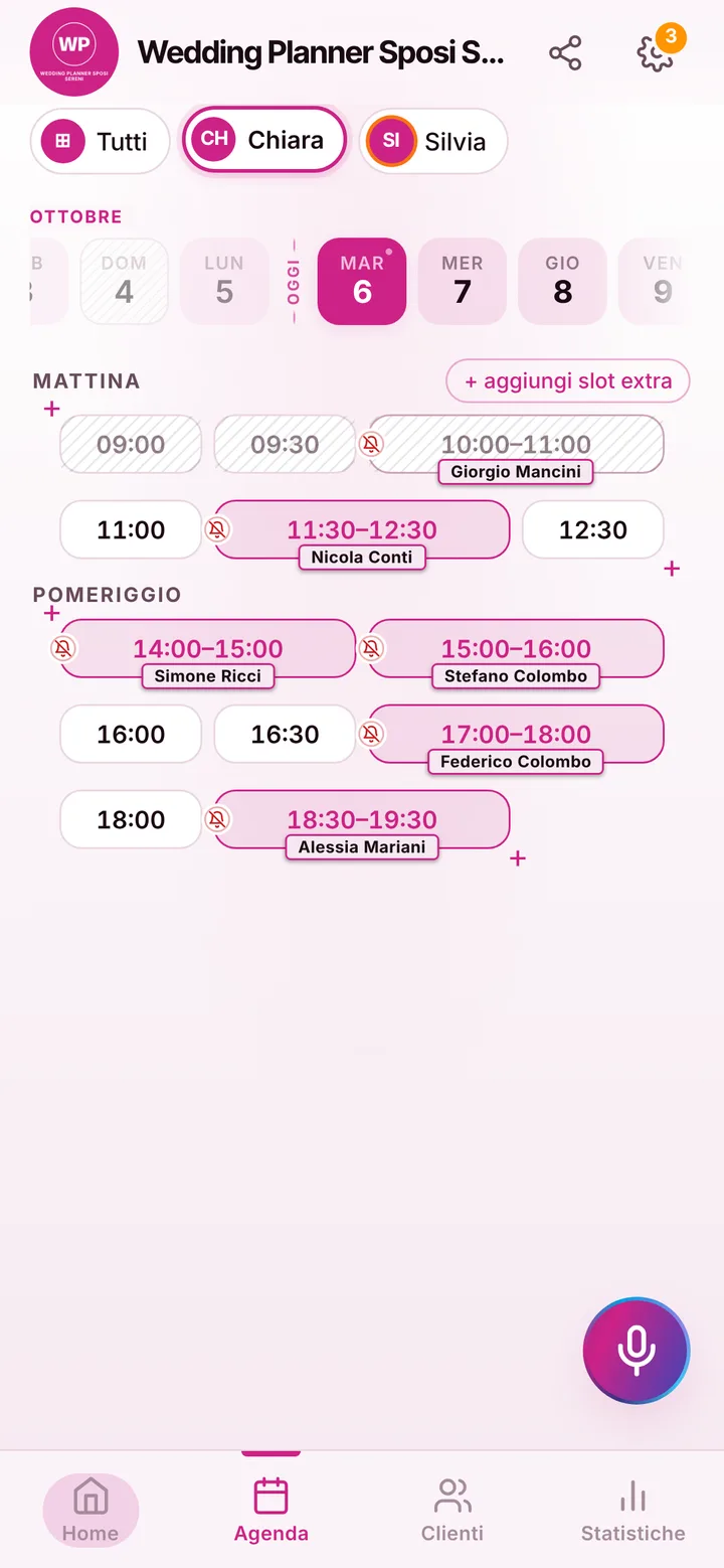 The day’s calendar at Wedding Planner Sposi Sereni, with booked and free slots